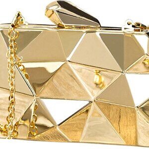 Women Metal Clutch Purse Small Evening Bag Geometric Gold with Chain